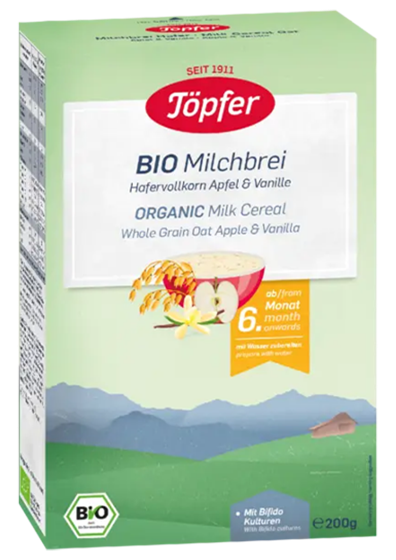 Töpfer Bio Cereale Ovăz Integral cu Lapte, Măr și Vanilie